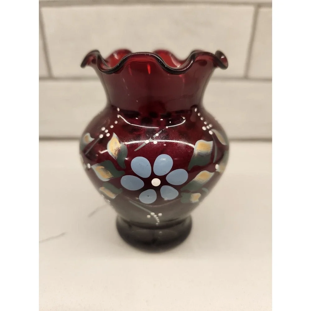 Vintage Anchor Hocking Royal Ruby Hand Painted‎ Bud Vase With Flowers 4 Inches